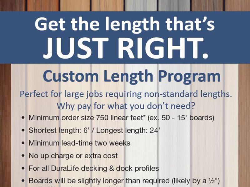 Biddeford, ME – February 26, 2020 – DuraLife, a leading manufacturer of composite decking and railing, is proud to offer the DuraLife Custom Length Program for its...